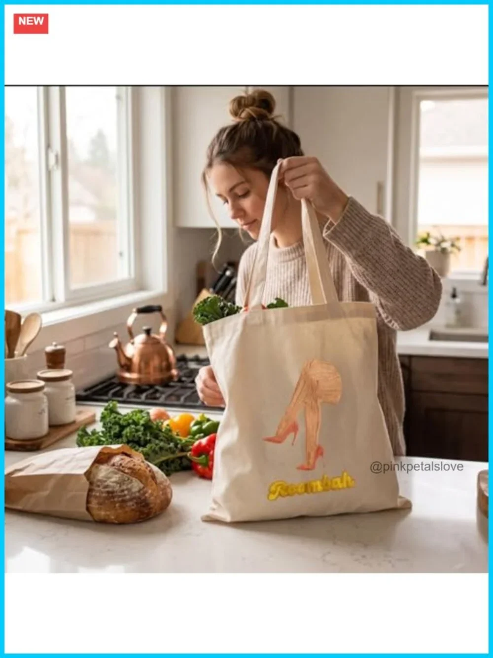 100% Cotton Canvas Tote - Reusable Grocery Shopping Bag with Embroidered Details
